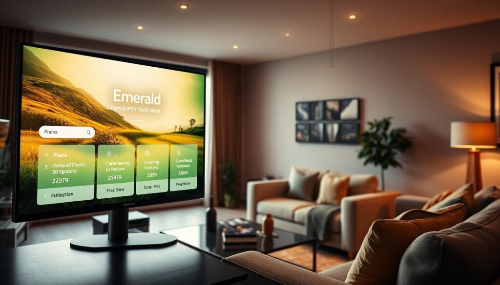 A sleek digital screen displaying an interactive interface of "Emerald IPTV Ireland" prominently in the foreground, showcasing plans, pricing, and features in vibrant shades of green and gold, reflecting Ireland’s lush landscape. In the middle, a cozy living room setting with a modern couch and coffee table, adorned with a remote control and stylish decor elements, suggesting comfort and entertainment. The background features a large window with a soft, warm light flooding in, enhancing the inviting atmosphere. A subtle Irish countryside view can be seen through the window, blending tranquility with tech. Capture this scene with a warm, natural light setting, using a slightly elevated angle for a comprehensive view. Focus on creating a mood of accessibility and modernity, inviting viewers into the world of IPTV. A sleek digital screen displaying an interactive interface of "Emerald IPTV Ireland" prominently in the foreground, showcasing plans, pricing, and features in vibrant shades of green and gold, reflecting Ireland’s lush landscape. In the middle, a cozy living room setting with a modern couch and coffee table, adorned with a remote control and stylish decor elements, suggesting comfort and entertainment. The background features a large window with a soft, warm light flooding in, enhancing the inviting atmosphere. A subtle Irish countryside view can be seen through the window, blending tranquility with tech. Capture this scene with a warm, natural light setting, using a slightly elevated angle for a comprehensive view. Focus on creating a mood of accessibility and modernity, inviting viewers into the world of IPTV.