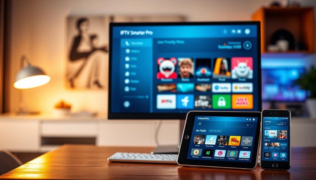 A sleek digital workspace featuring a modern desktop displaying the IPTV Smarters Pro interface on a high-resolution monitor. The foreground showcases various key features such as a user-friendly menu, streaming options, and playlist organization, represented visually through icons and vibrant graphics. In the middle ground, a stylish tablet and smartphone display the same app, highlighting its versatility across devices. The background includes a softly blurred out home entertainment setup with ambient lighting, creating a cozy, inviting atmosphere. Use warm, bright lighting to enhance the professional and innovative vibe. Capture the essence of a tech-savvy environment that appeals to IPTV enthusiasts, emphasizing functionality and ease of use. Aim for a clean, contemporary design that draws viewers in. A sleek digital workspace featuring a modern desktop displaying the IPTV Smarters Pro interface on a high-resolution monitor. The foreground showcases various key features such as a user-friendly menu, streaming options, and playlist organization, represented visually through icons and vibrant graphics. In the middle ground, a stylish tablet and smartphone display the same app, highlighting its versatility across devices. The background includes a softly blurred out home entertainment setup with ambient lighting, creating a cozy, inviting atmosphere. Use warm, bright lighting to enhance the professional and innovative vibe. Capture the essence of a tech-savvy environment that appeals to IPTV enthusiasts, emphasizing functionality and ease of use. Aim for a clean, contemporary design that draws viewers in.