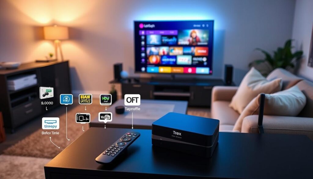 A sleek living room setting showcases a modern T-rex IPTV device prominently placed on a stylish entertainment unit. In the foreground, the IPTV remote control rests beside the device, surrounded by popular streaming device icons, indicating compatibility. The middle ground presents a user-friendly interface projected on a large flat-screen TV, displaying a vibrant menu with various streaming options. The background features a cozy couch with neutral-colored cushions, warmly lit by ambient lighting that evokes a welcoming atmosphere. The overall mood is informative yet inviting, encouraging viewers to explore device compatibility and setup ease. The image composition uses a slight overhead angle to capture all elements harmoniously, without any text or branding visible. A sleek living room setting showcases a modern T-rex IPTV device prominently placed on a stylish entertainment unit. In the foreground, the IPTV remote control rests beside the device, surrounded by popular streaming device icons, indicating compatibility. The middle ground presents a user-friendly interface projected on a large flat-screen TV, displaying a vibrant menu with various streaming options. The background features a cozy couch with neutral-colored cushions, warmly lit by ambient lighting that evokes a welcoming atmosphere. The overall mood is informative yet inviting, encouraging viewers to explore device compatibility and setup ease. The image composition uses a slight overhead angle to capture all elements harmoniously, without any text or branding visible.