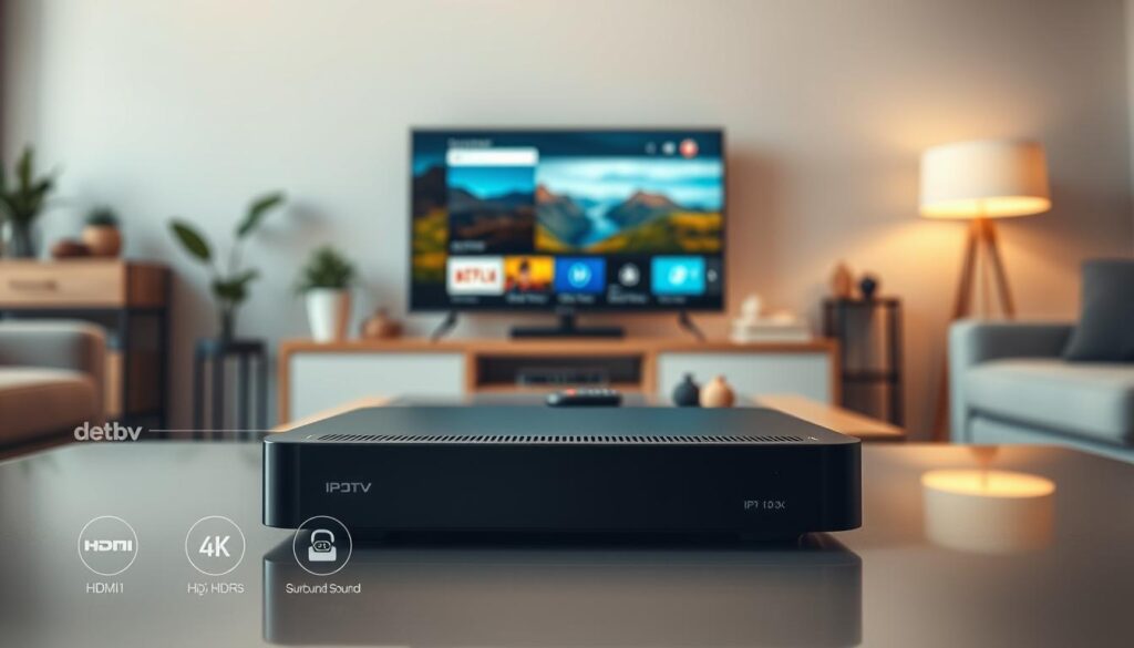A sleek, modern IPTV box placed on a stylish living room table. In the foreground, vivid icons illustrating key streaming features like HDMI, 4K resolution, HDR, and surround sound. The middle ground showcases a large, high-definition TV displaying vibrant landscapes and a streaming menu interface. In the background, soft ambient lighting creates a cozy atmosphere, complemented by tasteful decor and a comfortable sofa. The scene is captured from an angle that emphasizes the IPTV box and TV as the focal points, evoking a sense of advanced technology and premium viewing experience. The overall mood is inviting and contemporary, reflecting a high-tech yet homey environment.