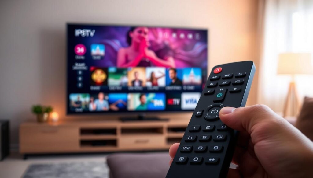 A sleek, modern IPTV player interface is displayed prominently in the foreground, showcasing vibrant thumbnails of various channels and streaming options in a user-friendly layout. In the middle ground, a stylish remote control is artistically positioned, highlighting intuitive buttons labeled for navigation, enabling viewers to easily access features. The background features a softly blurred living room with a large flat-screen TV displaying high-definition visuals, creating a cozy and inviting viewing atmosphere. Soft, warm lighting accentuates the scene, suggesting a relaxing evening at home. The overall mood is informative and engaging, reflecting a comprehensive overview of the key features of the 247 IPTV player, designed for an audience interested in digital entertainment solutions in Ireland. A sleek, modern IPTV player interface is displayed prominently in the foreground, showcasing vibrant thumbnails of various channels and streaming options in a user-friendly layout. In the middle ground, a stylish remote control is artistically positioned, highlighting intuitive buttons labeled for navigation, enabling viewers to easily access features. The background features a softly blurred living room with a large flat-screen TV displaying high-definition visuals, creating a cozy and inviting viewing atmosphere. Soft, warm lighting accentuates the scene, suggesting a relaxing evening at home. The overall mood is informative and engaging, reflecting a comprehensive overview of the key features of the 247 IPTV player, designed for an audience interested in digital entertainment solutions in Ireland.