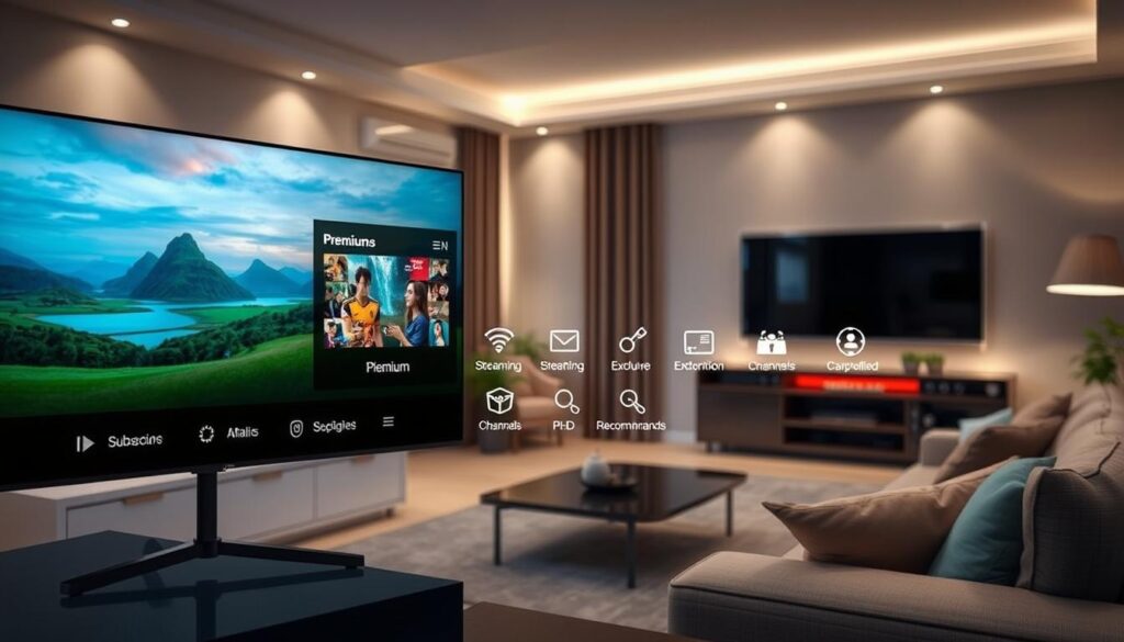 A sleek, modern IPTV player interface showcasing premium features and subscription options, set against a stylish home entertainment backdrop. In the foreground, a digital screen displays high-resolution content like vibrant Irish landscapes and live sports events, emphasizing smooth playback and advanced settings. In the middle, various illustrative icons represent features such as HD streaming, exclusive channels, and personalized recommendations. The background features a cozy living room with ambient lighting, softly illuminating a comfortable sofa and a high-tech television. The mood is inviting and sophisticated, suggesting a luxurious viewing experience. Ideal for tech-savvy users seeking enhanced access to entertainment. The angle is slightly angled to capture a dynamic view, enhancing the modern aesthetic.