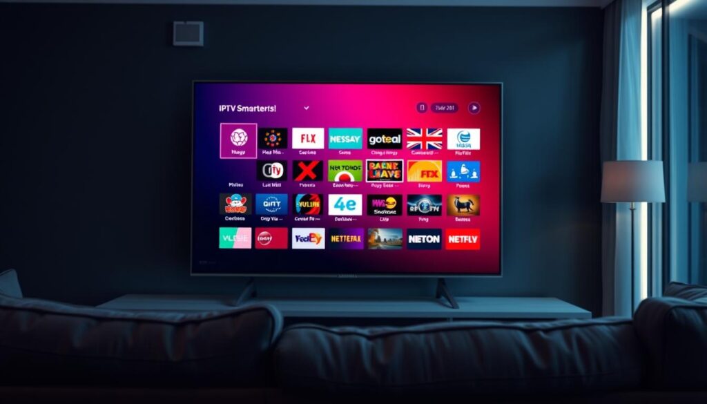 A sleek, modern Samsung TV displaying the IPTV Smarters Pro interface, prominently featuring a user-friendly layout with vibrant channel icons and an intuitive menu design. The foreground captures the TV screen glowing with rich colors in a dimly lit living room setting, evoking a cozy atmosphere. In the middle ground, a stylish, contemporary sofa invites users to relax while enjoying their favorite shows. The background includes subtle ambient lighting, enhancing the smart technology vibe of the space. The overall mood is inviting and high-tech, suggesting an easy and enjoyable viewing experience tailored for IPTV users in Ireland, with a focus on innovation and usability. A sleek, modern Samsung TV displaying the IPTV Smarters Pro interface, prominently featuring a user-friendly layout with vibrant channel icons and an intuitive menu design. The foreground captures the TV screen glowing with rich colors in a dimly lit living room setting, evoking a cozy atmosphere. In the middle ground, a stylish, contemporary sofa invites users to relax while enjoying their favorite shows. The background includes subtle ambient lighting, enhancing the smart technology vibe of the space. The overall mood is inviting and high-tech, suggesting an easy and enjoyable viewing experience tailored for IPTV users in Ireland, with a focus on innovation and usability.