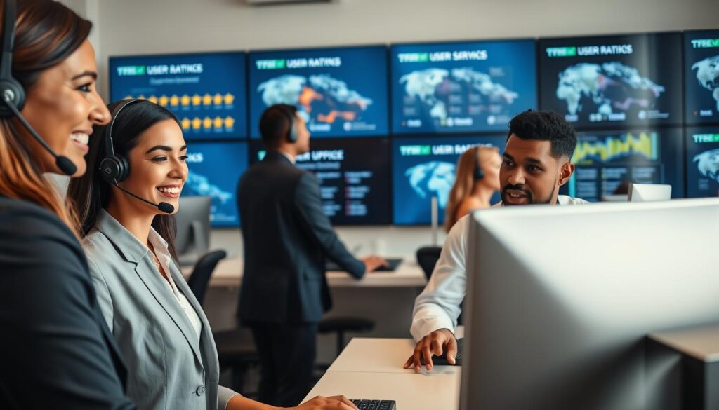 A sleek, modern customer support center for Trex IPTV, featuring a diverse team of professional customer service representatives engaged in assisting clients. In the foreground, a smiling woman in business attire is speaking on a headset, while a man in casual smart clothing is typing on a computer. In the middle ground, a digital display shows user ratings and service updates, exuding a tech-savvy atmosphere. The background includes a wall of screens illustrating service availability in various regions. The scene is well-lit with soft, natural lighting, creating a warm and inviting ambiance. The angle captures a dynamic interaction between agents, emphasizing their commitment to customer support, while promoting a sense of reliability and professionalism. A sleek, modern customer support center for Trex IPTV, featuring a diverse team of professional customer service representatives engaged in assisting clients. In the foreground, a smiling woman in business attire is speaking on a headset, while a man in casual smart clothing is typing on a computer. In the middle ground, a digital display shows user ratings and service updates, exuding a tech-savvy atmosphere. The background includes a wall of screens illustrating service availability in various regions. The scene is well-lit with soft, natural lighting, creating a warm and inviting ambiance. The angle captures a dynamic interaction between agents, emphasizing their commitment to customer support, while promoting a sense of reliability and professionalism.