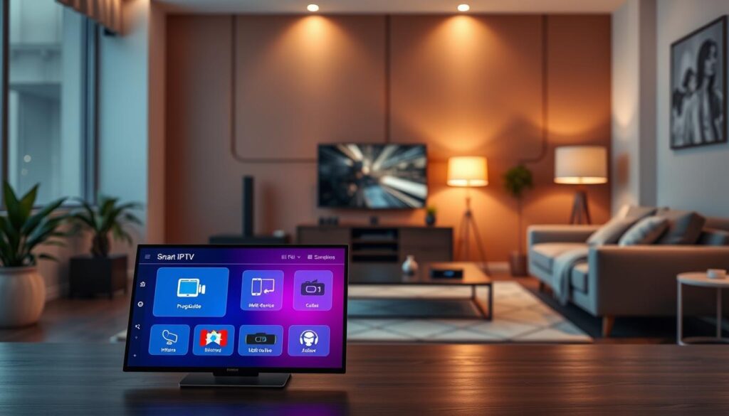 A sleek, modern digital interface showcasing the features of GSE Smart IPTV, positioned in the foreground with a vibrant color palette. The main focus is on an interactive screen displaying various features like an electronic program guide, multi-device compatibility, and easy navigation menus, highlighted with glowing icons and sharp graphics. In the middle ground, a stylish TV console and streaming devices are visible, surrounded by soft ambient lighting that creates a welcoming atmosphere. The background features a cozy living room setting, with plush furnishings and warm tones, suggesting a perfect viewing environment. The scene is captured from a slightly elevated angle, providing a comprehensive view of this contemporary entertainment experience, emitting an aura of innovation and convenience.