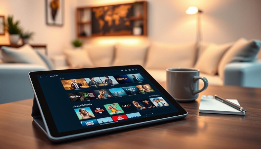 A sleek, modern digital workspace showcasing the IPTV Smarters Pro APK interface on a high-resolution tablet lying on a stylish wooden desk. In the foreground, a tablet screen displays the app’s user-friendly layout with vibrant thumbnails of channels and live TV options. The middle ground features a coffee cup and a notepad, suggesting an engaged user experience. The background includes a softly blurred contemporary living room setting with ambient lighting that creates a cozy atmosphere. Use warm, inviting colors to promote a sense of relaxation and enjoyment. The image should convey an informative yet engaging mood, with a focus on modern technology and entertainment. Lighting should be soft and even, enhancing the app's interface and surrounding objects.