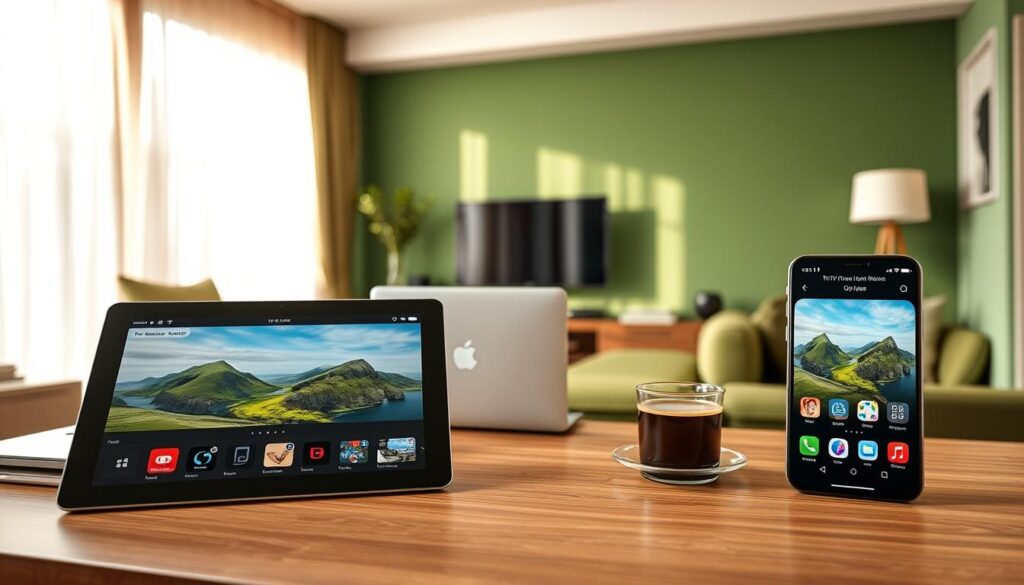 A sleek, modern digital workspace showcasing top Android IPTV apps for Irish users in 2026. In the foreground, vibrant, user-friendly app interfaces displayed on a high-resolution tablet and smartphone side by side, featuring Irish landscapes on their screens as a backdrop. The middle ground has a stylish wooden desk clutter-free, with a professional-looking laptop and a cup of Irish coffee, creating a cozy atmosphere. The background shows an elegant, softly lit living room with a green color scheme inspired by the Irish countryside, half-open curtains letting in warm, gentle sunlight. The overall mood is tech-savvy and inviting, emphasizing accessibility and innovation in IPTV technology for Irish viewers.
