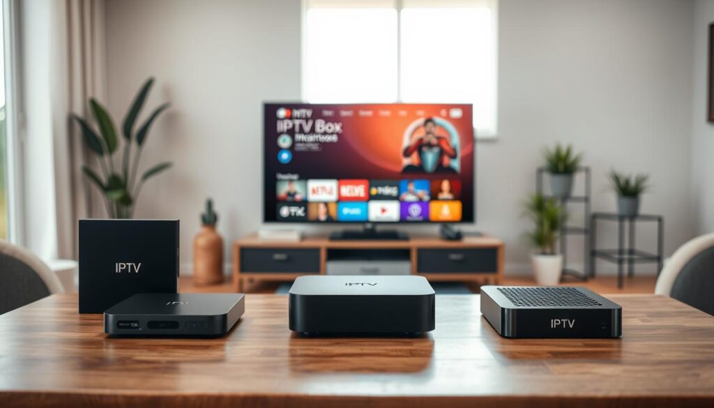 A sleek, modern display of various IPTV boxes positioned on a polished wooden table in a well-lit living room. In the foreground, a few standout IPTV boxes are arranged, showcasing their unique designs and distinct features. The middle ground features a stylish television set displaying a vibrant streaming interface, emphasizing the IPTV experience. In the background, soft-focus elements like a cozy couch and decorative plants create a warm, inviting atmosphere. The room is illuminated with soft, natural light flowing in from a nearby window, enhancing the focus on the IPTV boxes. Use a slightly elevated angle to capture all elements clearly, evoking a sense of comfort and modern technology in a home entertainment setup.