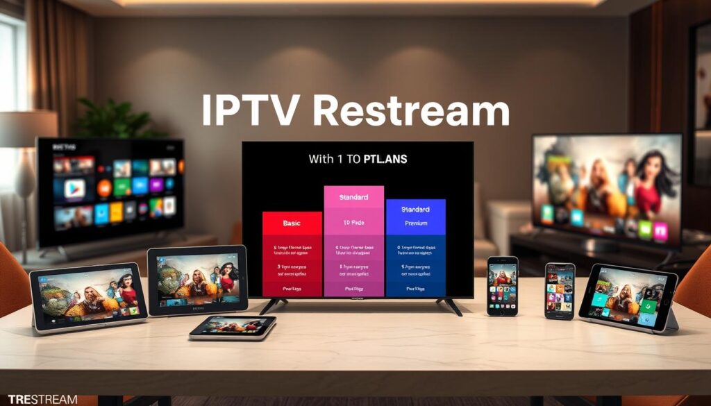 A sleek, modern graphic illustrating "IPTV Restream Plans and Pricing Options." In the foreground, showcase an elegant table with a variety of colorful digital devices—smart TVs, tablets, and smartphones—displaying streaming interfaces. In the middle, depict a visually engaging, organized layout of pricing tiers with icons representing basic, standard, and premium plans, using vibrant but professional colors. The background should feature a soft-focus living room setting with cozy furniture, suggesting a comfortable viewing environment. Use warm, inviting lighting to create a relaxing atmosphere. Capture the scene with a slightly elevated angle to emphasize the table's details while providing a clear view of the devices and pricing options. The overall mood should be informative and engaging, reflecting a modern approach to IPTV services.