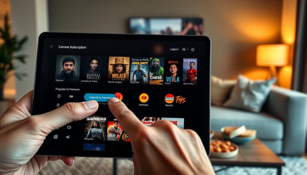 A sleek, modern interface of an IPTV player displayed on a high-resolution tablet screen, showcasing options for a premium subscription and various in-app purchases. In the foreground, a hand clicks on the "Upgrade to Premium" button, highlighting the allure of exclusive content. The middle ground features popular streaming genres and vibrant icons representing movies and sports, creating a sense of variety. In the background, a cozy living room setting with soft, warm lighting evokes a relaxed atmosphere, complete with a stylish sofa and a coffee table adorned with snacks. The focus is sharp on the tablet's screen while the background is artistically blurred to emphasize the IPTV player interface. The mood is inviting and engaging, reflecting a seamless user experience. A sleek, modern interface of an IPTV player displayed on a high-resolution tablet screen, showcasing options for a premium subscription and various in-app purchases. In the foreground, a hand clicks on the "Upgrade to Premium" button, highlighting the allure of exclusive content. The middle ground features popular streaming genres and vibrant icons representing movies and sports, creating a sense of variety. In the background, a cozy living room setting with soft, warm lighting evokes a relaxed atmosphere, complete with a stylish sofa and a coffee table adorned with snacks. The focus is sharp on the tablet's screen while the background is artistically blurred to emphasize the IPTV player interface. The mood is inviting and engaging, reflecting a seamless user experience.