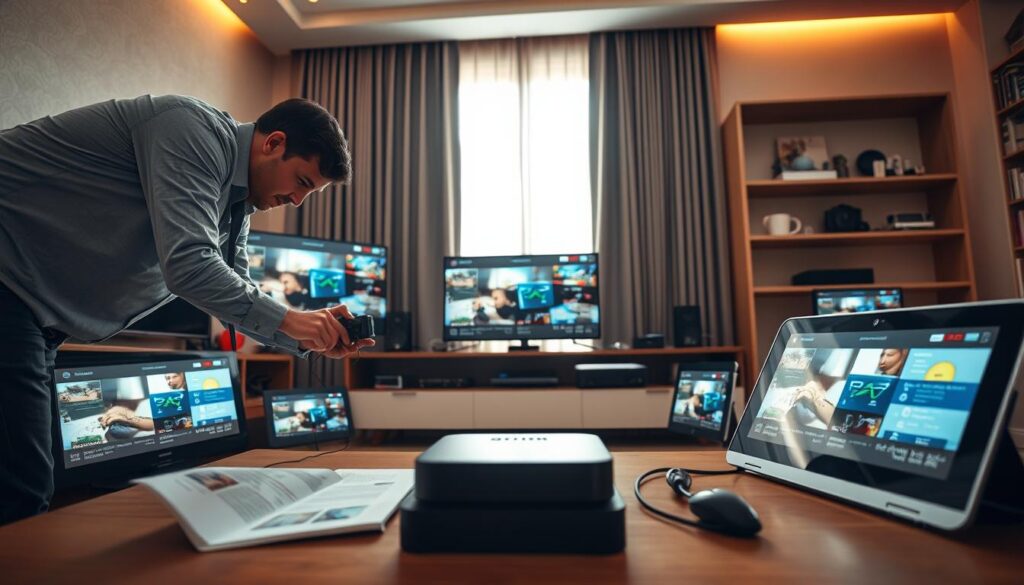 A sleek, modern living room featuring various devices compatible with set IPTV installations, such as smart TVs, streaming boxes, and tablets neatly arranged on a stylish entertainment unit. In the foreground, a technician in smart casual attire is installing a device, focused on connecting cables and setting up software, with an open device manual nearby. The middle space showcases the array of devices with illuminated screens displaying IPTV menus. The background should include a window with natural daylight filtering in, creating a warm and inviting atmosphere. Soft shadows and warm lighting enhance the homey feel, while a low-angle view captures the dynamic action of the installation process, emphasizing the theme of device compatibility. A sleek, modern living room featuring various devices compatible with set IPTV installations, such as smart TVs, streaming boxes, and tablets neatly arranged on a stylish entertainment unit. In the foreground, a technician in smart casual attire is installing a device, focused on connecting cables and setting up software, with an open device manual nearby. The middle space showcases the array of devices with illuminated screens displaying IPTV menus. The background should include a window with natural daylight filtering in, creating a warm and inviting atmosphere. Soft shadows and warm lighting enhance the homey feel, while a low-angle view captures the dynamic action of the installation process, emphasizing the theme of device compatibility.