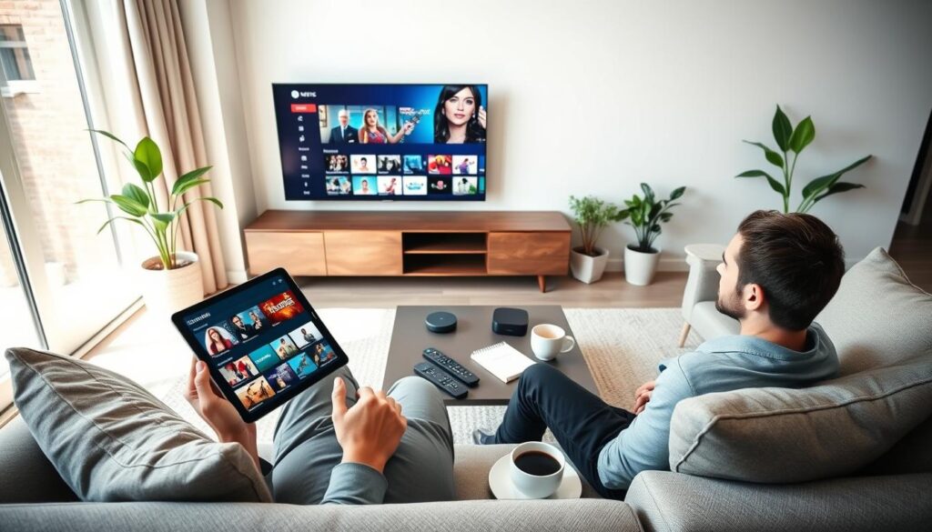 A sleek, modern living room illustrating a person comfortably sitting on a stylish couch, using a tablet to explore IPTV subscription plans. In the foreground, the individual, dressed in smart-casual attire, browses through various IPTV options displayed on the tablet screen, showcasing vibrant thumbnails of channels. The middle layer features a coffee table with streaming device remotes, a notepad, and a cup of coffee, emphasizing a cozy, thoughtful environment. In the background, a large flat-screen TV shows a streaming interface with colorful graphics. Bright, natural light streams through a window, creating an inviting atmosphere, while indoor plants add a touch of warmth. The camera angle is slightly above eye level, capturing both the user’s expression of interest and the engaging screen content. A sleek, modern living room illustrating a person comfortably sitting on a stylish couch, using a tablet to explore IPTV subscription plans. In the foreground, the individual, dressed in smart-casual attire, browses through various IPTV options displayed on the tablet screen, showcasing vibrant thumbnails of channels. The middle layer features a coffee table with streaming device remotes, a notepad, and a cup of coffee, emphasizing a cozy, thoughtful environment. In the background, a large flat-screen TV shows a streaming interface with colorful graphics. Bright, natural light streams through a window, creating an inviting atmosphere, while indoor plants add a touch of warmth. The camera angle is slightly above eye level, capturing both the user’s expression of interest and the engaging screen content.