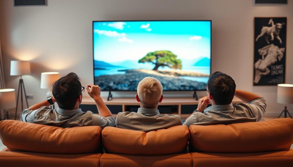 A sleek, modern living room scene showcasing a group of three professionals—two men and one woman—sitting comfortably on a stylish sofa, intently watching an IPTV stream on a large, flat-screen TV. The foreground captures them with excited expressions, dressed in smart casual attire. In the middle, the TV displays a vibrant, clear image of a nature documentary, symbolizing smooth streaming and buffer-free viewing. The background features soft, ambient lighting from lamps, creating a cozy atmosphere. Use a wide-angle lens effect to capture the entire scene, emphasizing the connection between the viewers and the seamless entertainment experience. The overall mood should be inviting and engaging, highlighting the advantages of IPTV technology. A sleek, modern living room scene showcasing a group of three professionals—two men and one woman—sitting comfortably on a stylish sofa, intently watching an IPTV stream on a large, flat-screen TV. The foreground captures them with excited expressions, dressed in smart casual attire. In the middle, the TV displays a vibrant, clear image of a nature documentary, symbolizing smooth streaming and buffer-free viewing. The background features soft, ambient lighting from lamps, creating a cozy atmosphere. Use a wide-angle lens effect to capture the entire scene, emphasizing the connection between the viewers and the seamless entertainment experience. The overall mood should be inviting and engaging, highlighting the advantages of IPTV technology.