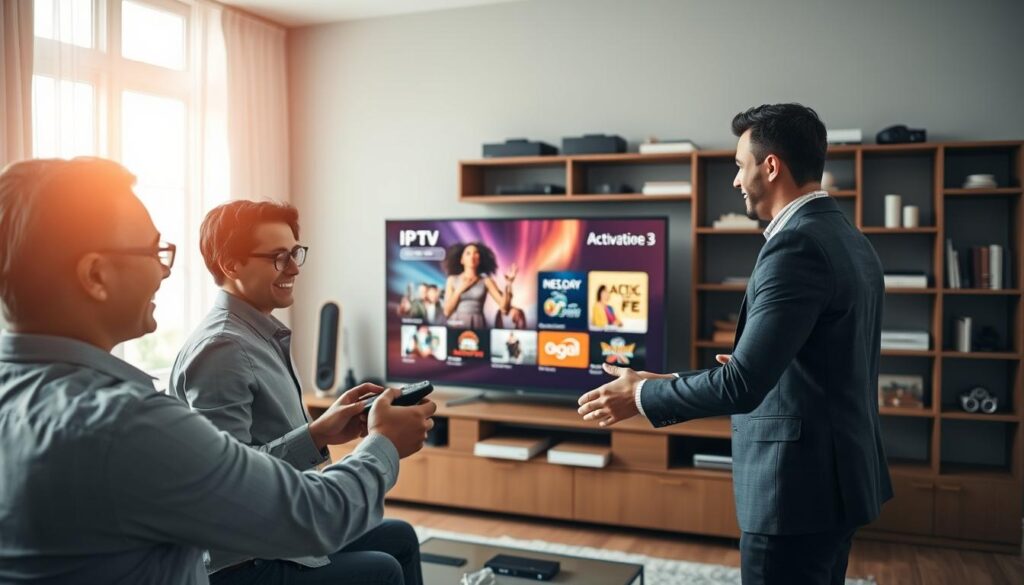 A sleek, modern living room scene showcasing a user seamlessly activating an IPTV service on a large flat-screen television. In the foreground, a diverse group of two professionals, one male and one female, both dressed in smart casual attire, eagerly interacts with a remote control, their expressions radiating excitement and satisfaction. The middle ground features the TV displaying an easy-to-navigate IPTV interface with vibrant icons, suggesting instant access to various channels. In the background, a stylish bookshelf filled with tech gadgets and accessories enhances the contemporary feel. Soft, natural lighting filters in from a nearby window, casting a warm glow, while the overall atmosphere conveys a sense of convenience and technological advancement, perfect for illustrating simplicity and speed in activation.