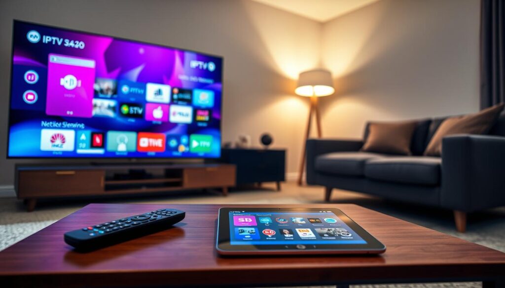 A sleek, modern living room setting as the foreground, featuring a stylish TV displaying an IPTV app interface with vibrant colors and user-friendly icons. In the middle ground, include an elegant coffee table cluttered with a remote control and a tablet showcasing various IPTV features like live streaming, on-demand content, and multi-device support in a visually appealing manner. The background should have soft, ambient lighting coming from a floor lamp, creating a cozy atmosphere. Use a wide-angle perspective to capture the entire scene, giving it a friendly and inviting mood, while ensuring the furnishings and decor reflect a contemporary Irish home.