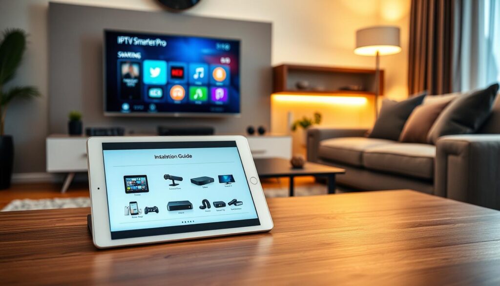 A sleek, modern living room setting featuring a contemporary TV unit showcasing the IPTV Smarters Pro interface on the screen. In the foreground, a tablet lies open on a stylish coffee table, displaying an installation guide with graphics of compatible devices. The middle ground highlights a range of devices like smartphones, smart TVs, and streaming boxes, all labeled with icons indicating compatibility. In the background, a cozy sofa and ambient lighting create a warm atmosphere, enhancing the focus on technology. The lighting is soft yet bright, highlighting the devices without glare, captured from a slight angle to emphasize depth. The overall mood is informative yet inviting, perfect for educating viewers on device compatibility and installation.