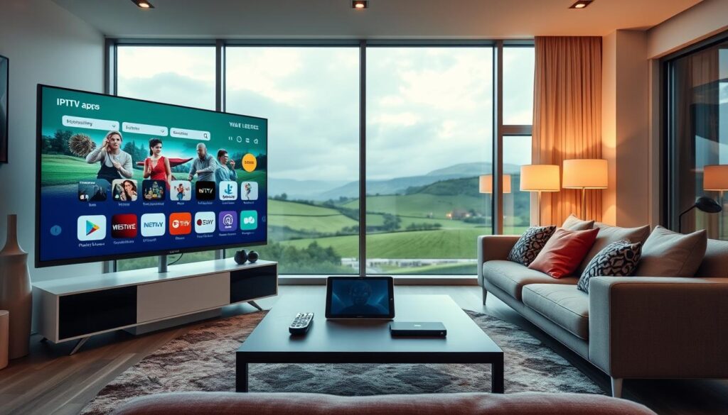 A sleek modern living room setting in Ireland, showcasing a large flat-screen TV displaying various IPTV app icons. In the foreground, a stylish coffee table has a remote control and a tablet, giving a sense of active streaming. The middle section features a contemporary couch with colorful cushions, and a cozy ambiance is created with warm lighting emanating from decorative lamps. Large windows in the background reveal a beautiful Irish landscape, with green hills and a cloudy sky, adding depth to the scene. The mood is inviting and tech-savvy, representing a user-friendly experience with IPTV. The focus is entirely on the setup, ensuring it's a safe and professional depiction, without any text or distractions.