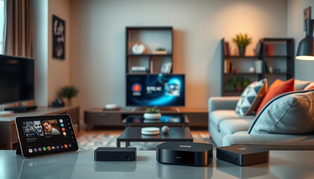 A sleek, modern living room setting showcasing various compatible devices for the GSE Smart IPTV. In the foreground, highlight a smart television displaying the GSE Smart IPTV interface, surrounded by devices like a tablet, smartphone, and streaming box. The middle ground features a cozy couch, and a coffee table, with colorful cushions creating an inviting atmosphere. The background includes a stylish bookshelf with some entertainment-related items. Soft, ambient lighting from a nearby window casts warm tones throughout the room, enhancing the tech-savvy yet relaxed mood. The scene should be captured from a slightly elevated angle to provide a comprehensive overview, emphasizing the seamless integration of these devices within a home setting.