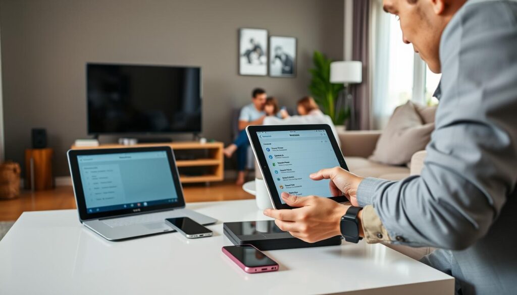 A sleek, modern living room setup featuring various devices compatible with IPTV, such as a smart TV, tablet, and smartphone on a stylish coffee table. In the foreground, a person in professional casual attire, intently examining the settings on a tablet, symbolizing an easy setup process. The middle ground shows a cozy couch with family members watching TV, engaged and enjoying the content, promoting a sense of togetherness. The background has a bright window with natural light streaming in, enhancing the inviting atmosphere. The scene is captured with a slightly tilted angle to create dynamism, showcasing the warmth of a home while emphasizing device compatibility. A sleek, modern living room setup featuring various devices compatible with IPTV, such as a smart TV, tablet, and smartphone on a stylish coffee table. In the foreground, a person in professional casual attire, intently examining the settings on a tablet, symbolizing an easy setup process. The middle ground shows a cozy couch with family members watching TV, engaged and enjoying the content, promoting a sense of togetherness. The background has a bright window with natural light streaming in, enhancing the inviting atmosphere. The scene is captured with a slightly tilted angle to create dynamism, showcasing the warmth of a home while emphasizing device compatibility.