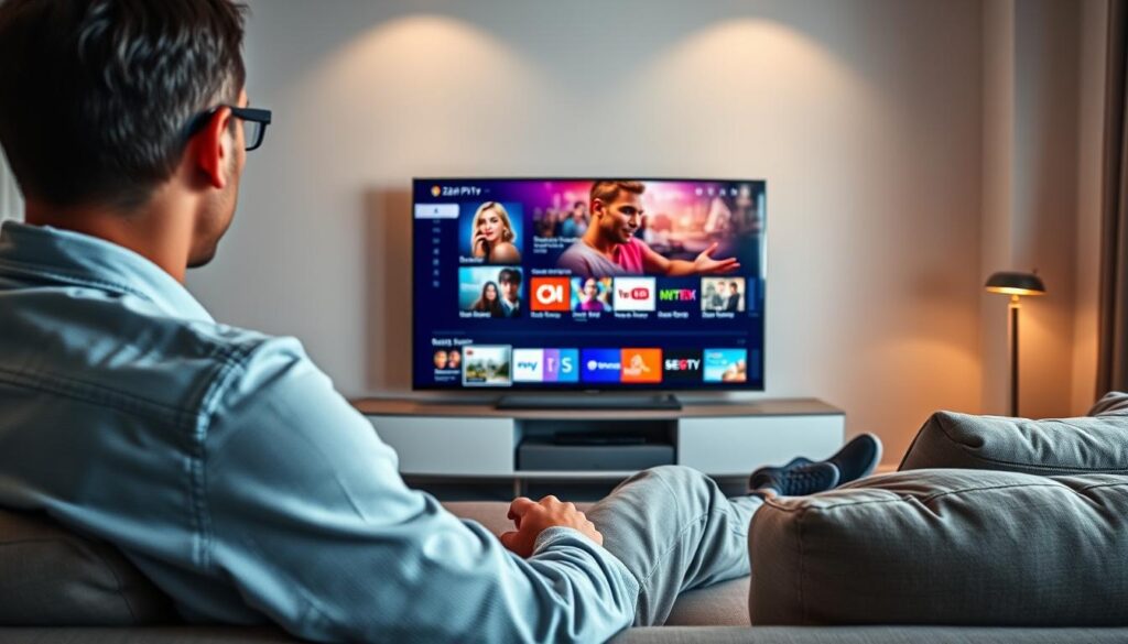 A sleek, modern living room showcasing a user engaged with the 247 IPTV player on a large smart TV. In the foreground, a person in casual, modest clothing is seated comfortably on a stylish sofa, focused on the vibrant interface displayed on the screen. The middle layer highlights the crisp visuals of the IPTV player, featuring colorful channel options, user-friendly navigation, and a selection of popular shows. The background includes soft, ambient lighting that creates a cozy atmosphere, with slight reflections on the TV screen. The scene captures a blend of tech-savvy convenience and relaxation, emphasizing an enjoyable home viewing experience in Ireland. Use warm, inviting tones to enhance the mood. A sleek, modern living room showcasing a user engaged with the 247 IPTV player on a large smart TV. In the foreground, a person in casual, modest clothing is seated comfortably on a stylish sofa, focused on the vibrant interface displayed on the screen. The middle layer highlights the crisp visuals of the IPTV player, featuring colorful channel options, user-friendly navigation, and a selection of popular shows. The background includes soft, ambient lighting that creates a cozy atmosphere, with slight reflections on the TV screen. The scene captures a blend of tech-savvy convenience and relaxation, emphasizing an enjoyable home viewing experience in Ireland. Use warm, inviting tones to enhance the mood.