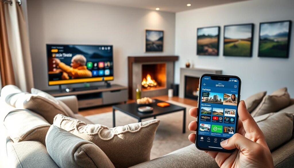 A sleek, modern living room with a cozy ambiance, featuring an array of devices like a smart TV, tablet, and smartphone showing the IPTV app interface streaming Irish TV channels. In the foreground, a comfortable sofa with a stylish throw blanket invites viewers to relax. The middle ground includes a coffee table with snacks, further enhancing the cozy atmosphere. The background displays the warm glow of a fireplace and wall art inspired by Irish landscapes, creating a homely feel. Soft, natural lighting from a large window filters in, giving the scene a relaxed and inviting mood. The image captures a harmonious blend of technology and comfort, emphasizing the ease of streaming content across various devices. A sleek, modern living room with a cozy ambiance, featuring an array of devices like a smart TV, tablet, and smartphone showing the IPTV app interface streaming Irish TV channels. In the foreground, a comfortable sofa with a stylish throw blanket invites viewers to relax. The middle ground includes a coffee table with snacks, further enhancing the cozy atmosphere. The background displays the warm glow of a fireplace and wall art inspired by Irish landscapes, creating a homely feel. Soft, natural lighting from a large window filters in, giving the scene a relaxed and inviting mood. The image captures a harmonious blend of technology and comfort, emphasizing the ease of streaming content across various devices.