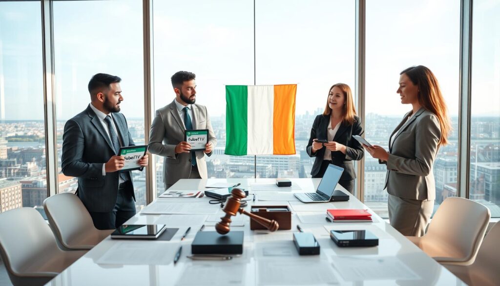 A sleek, modern office setting with large windows overlooking a cityscape, symbolizing Ireland's progressive stance on technology. In the foreground, a diverse group of three professionals—two men and a woman—dressed in business attire, are engaged in a discussion while holding tablets displaying information about fuboTV and IPTV regulations. In the middle, a stylish conference table cluttered with legal documents and digital devices emphasizes the legal aspects of IPTV. In the background, the Ireland flag subtly blends into the skyline, while soft natural light illuminates the space, creating a professional and optimistic atmosphere. The overall mood is serious yet collaborative, reflecting the intricate legal landscape of IPTV in 2026.