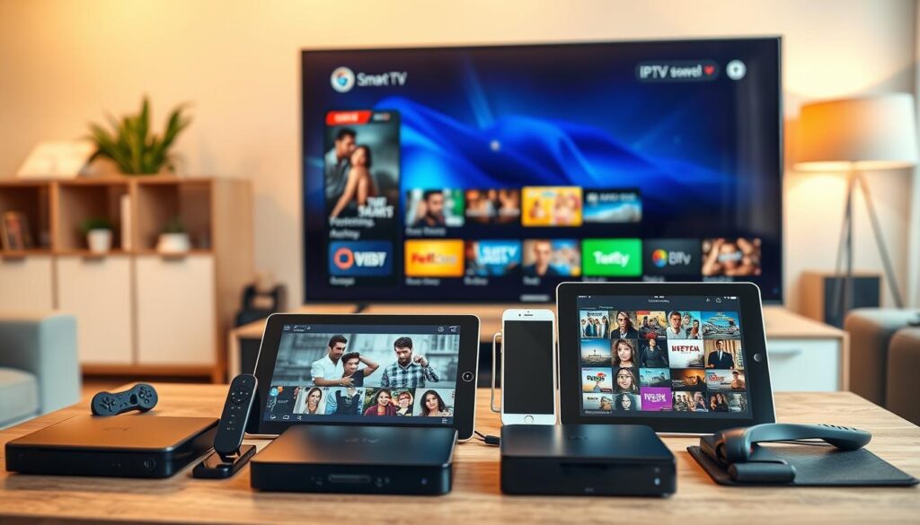A sleek, modern overview of IPTV Smarters Pro compatible devices, featuring a variety of devices such as smart TVs, tablets, smartphones, and streaming boxes showcased on a stylish wooden table. In the foreground, a smart TV displaying a vibrant IPTV interface, while a tablet on the side shows diverse program options. In the middle, devices like smartphones and a streaming box are arranged attractively, enhancing the viewer's sense of choice and flexibility. The background is softly blurred, hinting at a cozy living room, with warm, inviting lighting that creates a friendly atmosphere. A wide-angle lens captures this well-organized display, emphasizing the convenience and versatility of IPTV viewing options. The overall mood is optimistic and informative, perfect for highlighting the topic of compatible devices. A sleek, modern overview of IPTV Smarters Pro compatible devices, featuring a variety of devices such as smart TVs, tablets, smartphones, and streaming boxes showcased on a stylish wooden table. In the foreground, a smart TV displaying a vibrant IPTV interface, while a tablet on the side shows diverse program options. In the middle, devices like smartphones and a streaming box are arranged attractively, enhancing the viewer's sense of choice and flexibility. The background is softly blurred, hinting at a cozy living room, with warm, inviting lighting that creates a friendly atmosphere. A wide-angle lens captures this well-organized display, emphasizing the convenience and versatility of IPTV viewing options. The overall mood is optimistic and informative, perfect for highlighting the topic of compatible devices.