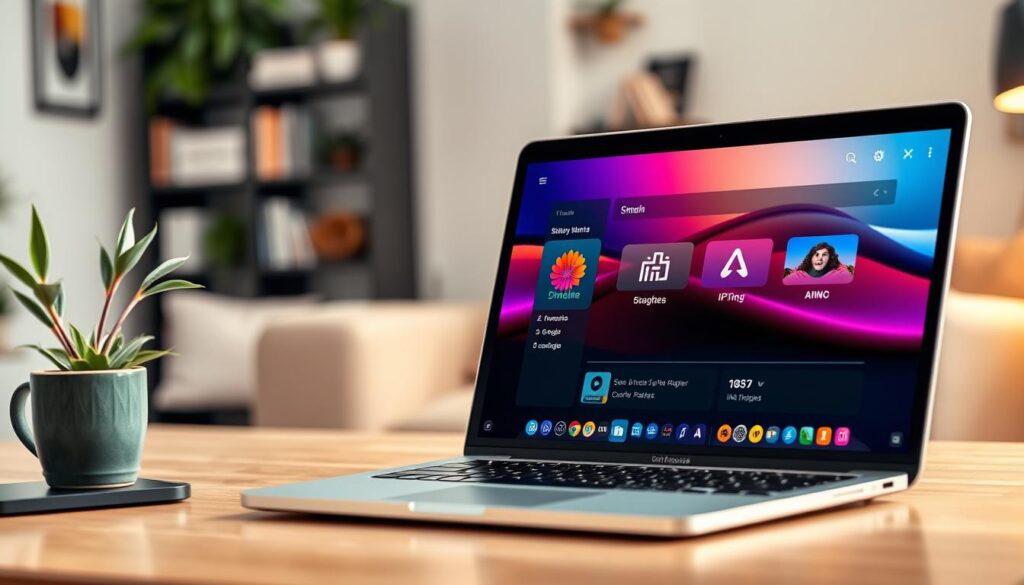 A sleek, modern representation of the IINA open-source media player, displayed prominently on a MacBook screen with vivid colors showcasing an IPTV streaming interface. In the foreground, the MacBook is angled slightly towards the viewer, with a stylish desk setup that includes subtle accents like a potted plant and a cup of coffee. In the middle ground, a clear, user-friendly interface of the IINA player is visible, emphasizing its reliability and simplicity, highlighted by natural, warm lighting. The background features a cozy room ambiance with soft-focus elements like a bookshelf and ambient lighting, creating a welcoming atmosphere ideal for streamers. The scene captures a sense of professionalism and ease, inviting viewers to explore IPTV streaming.