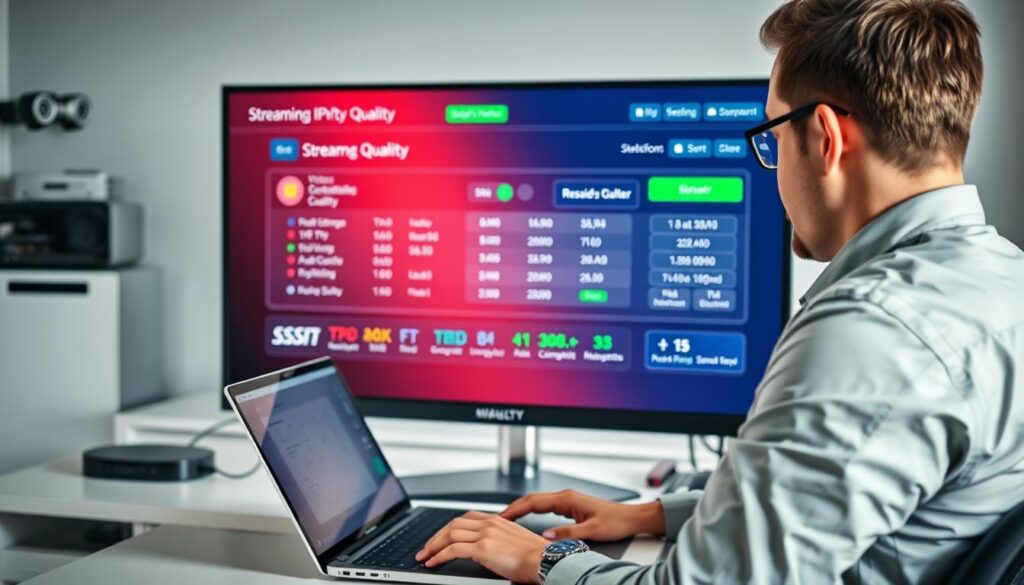 A sleek, modern workspace depicting an IPTV checker interface on a large monitor. In the foreground, a professional-looking individual, wearing smart casual attire, is focused on analyzing streaming quality results while using a laptop. The screen displays a colorful graphical user interface with streaming statistics, including bitrate, resolution, and playback smoothness. In the middle ground, a high-quality router glows subtly, hinting at a strong internet connection. The background features a softly blurred collection of tech gadgets, enhancing the high-tech atmosphere. Bright, natural lighting casts soft shadows, creating an inviting environment. The overall mood conveys professionalism and diligence, emphasizing the importance of verifying streaming quality for optimal viewing experiences.