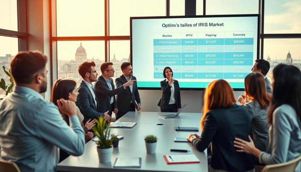 A sleek, modern workspace featuring a large screen displaying various IPTV pricing plans and options tailored for the Irish market. In the foreground, a diverse group of professionals in business attire are gathered around a table, engaged in an animated discussion, pointing at the screen with charts and graphs visible. The middle ground showcases a stylish office setup with plants and notebooks, while the background reveals large windows with a view of Dublin’s skyline, bathed in warm, natural light. The mood is collaborative and energetic, with an emphasis on technology and connectivity, captured from a slightly elevated angle to provide a dynamic perspective of the scene.