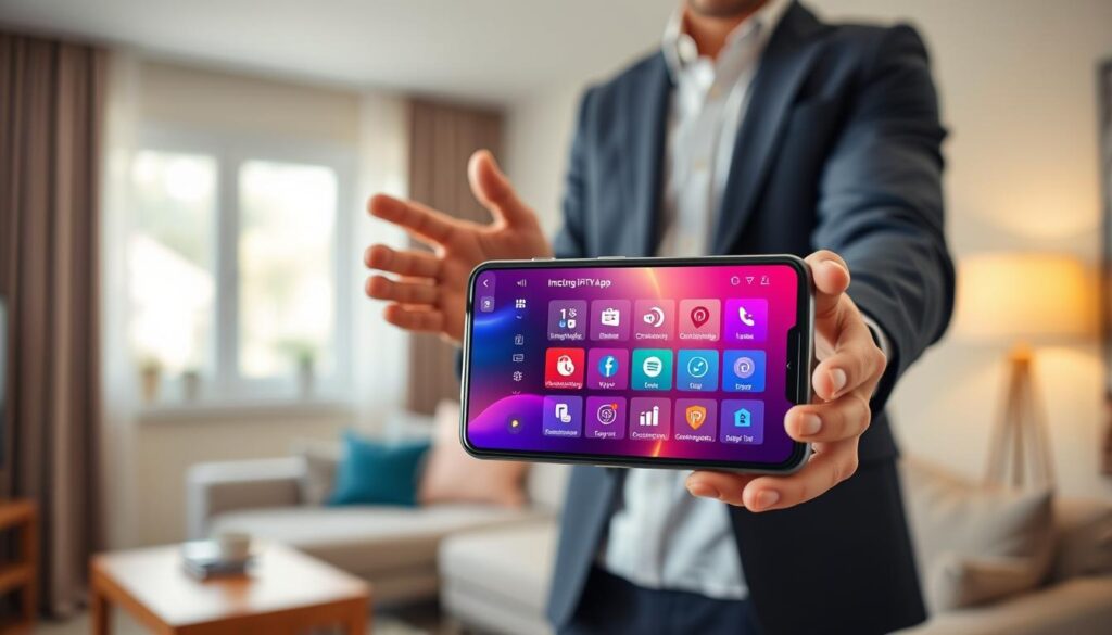 A sleek smartphone displaying an intuitive IPTV app interface in vivid colors, showcasing features like live TV, on-demand content, and user-friendly navigation. In the foreground, the smartphone is held by a professional-looking individual dressed in a smart, casual outfit, gesturing towards the screen. In the middle, elements of the app interface are highlighted, with icons for channel selection, search functionality, and personalized recommendations. The background features a modern living room ambiance with a cozy sofa and ambient lighting, creating a welcoming atmosphere. Soft, natural light filters in from a window, creating a warm and inviting mood, with a shallow depth of field focusing on the smartphone while softly blurring the background. A sleek smartphone displaying an intuitive IPTV app interface in vivid colors, showcasing features like live TV, on-demand content, and user-friendly navigation. In the foreground, the smartphone is held by a professional-looking individual dressed in a smart, casual outfit, gesturing towards the screen. In the middle, elements of the app interface are highlighted, with icons for channel selection, search functionality, and personalized recommendations. The background features a modern living room ambiance with a cozy sofa and ambient lighting, creating a welcoming atmosphere. Soft, natural light filters in from a window, creating a warm and inviting mood, with a shallow depth of field focusing on the smartphone while softly blurring the background.