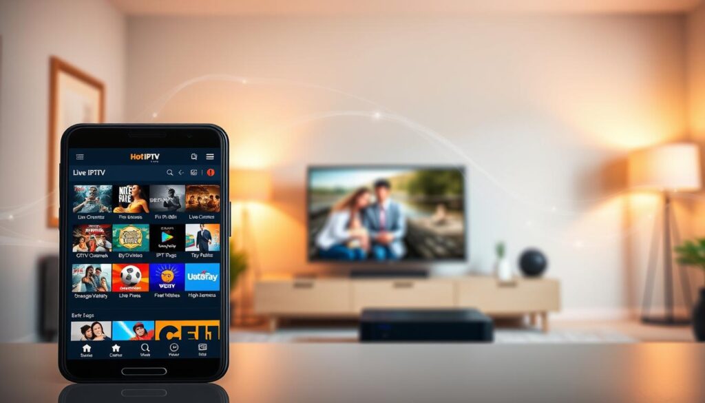 A sleek smartphone displays the interface of the Hot IPTV app prominently in the foreground, showcasing vibrant thumbnails of live TV channels and on-demand content. In the middle ground, a cozy living room setting features a modern TV connected to a streaming device, illustrating a family enjoying entertainment together. The background consists of soft, warm lighting that creates an inviting atmosphere, with abstract wisps of digital data subtly shimmering, suggesting seamless streaming technology. The overall mood is friendly and engaging, highlighting the essential features like user-friendly navigation, channel variety, and high-definition viewing. The image composition emphasizes clarity and contemporary design, capturing the essence of modern IPTV experience.