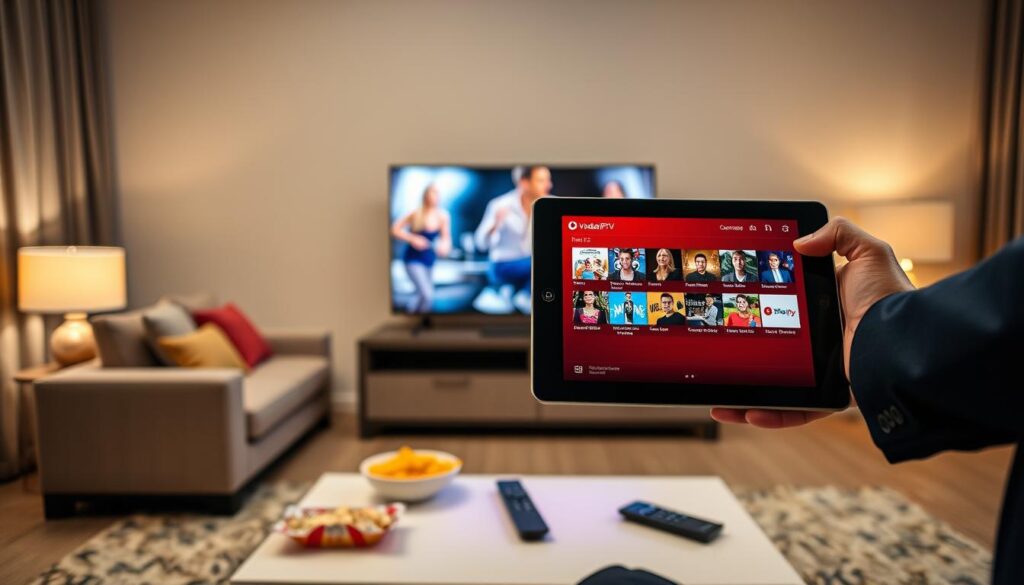 A sleek, user-friendly interface of the Vodafone IPTV app displayed on a modern tablet, positioned prominently in the foreground. The tablet is held by a person in professional business attire, showcasing engagement with the app. In the middle ground, a cozy living room setting with a comfortable sofa and a television screen displaying vibrant colors of various IPTV content. The background features softly lit ambient lighting that creates a warm and inviting atmosphere. A stylish coffee table adorned with snacks and a remote control complements the scene. The camera angle captures a close-up view of the tablet and the user's interaction, emphasizing the practicality and ease of use of the Vodafone IPTV services. Overall, the mood conveys a sense of comfort and enjoyment while using technology for entertainment. A sleek, user-friendly interface of the Vodafone IPTV app displayed on a modern tablet, positioned prominently in the foreground. The tablet is held by a person in professional business attire, showcasing engagement with the app. In the middle ground, a cozy living room setting with a comfortable sofa and a television screen displaying vibrant colors of various IPTV content. The background features softly lit ambient lighting that creates a warm and inviting atmosphere. A stylish coffee table adorned with snacks and a remote control complements the scene. The camera angle captures a close-up view of the tablet and the user's interaction, emphasizing the practicality and ease of use of the Vodafone IPTV services. Overall, the mood conveys a sense of comfort and enjoyment while using technology for entertainment.