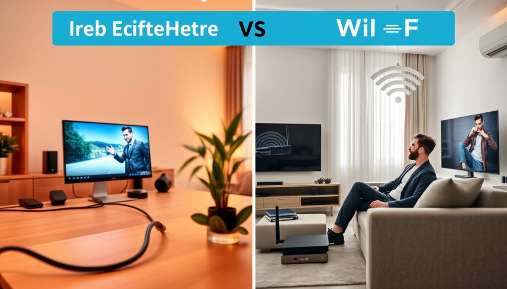 A split-screen image illustrating the choice between wired Ethernet and Wi-Fi for IPTV stability. On the left, a sleek, modern living room setting featuring a desktop computer connected to a high-quality Ethernet cable, with a stable IPTV streaming displayed on the screen. The warm lighting creates a cozy atmosphere, with a potted plant and a coffee table in the foreground. On the right, a contemporary living room with a wireless router prominently placed, radiating Wi-Fi signals. An individual, dressed in smart casual attire, comfortably watches IPTV on a smart TV, showing a smooth streaming experience. Soft natural light filters in through a window, enhancing a relaxed mood. The background includes minimalistic furniture, balancing the composition. A split-screen image illustrating the choice between wired Ethernet and Wi-Fi for IPTV stability. On the left, a sleek, modern living room setting featuring a desktop computer connected to a high-quality Ethernet cable, with a stable IPTV streaming displayed on the screen. The warm lighting creates a cozy atmosphere, with a potted plant and a coffee table in the foreground. On the right, a contemporary living room with a wireless router prominently placed, radiating Wi-Fi signals. An individual, dressed in smart casual attire, comfortably watches IPTV on a smart TV, showing a smooth streaming experience. Soft natural light filters in through a window, enhancing a relaxed mood. The background includes minimalistic furniture, balancing the composition.