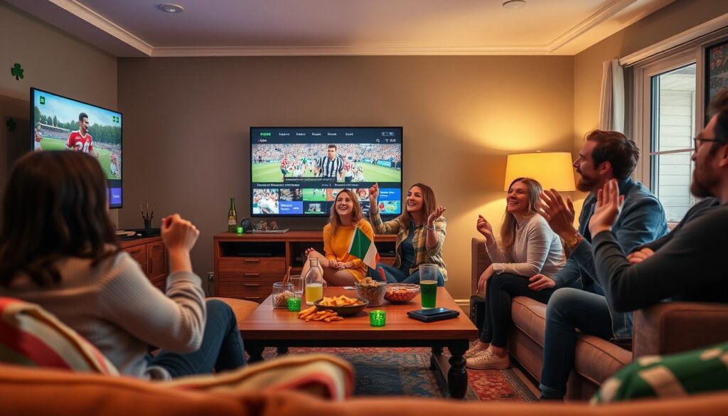 A vibrant and dynamic scene depicting a cozy Irish living room during a sports watch party. In the foreground, a diverse group of four friends, casually dressed in comfortable clothing, enthusiastically cheering while watching a live sports event on a large screen TV. The TV displays a range of popular sports channels dedicated to Irish viewers, showcasing football, rugby, and GAA games. In the middle, a coffee table filled with snacks and drinks, surrounded by decorative elements like green shamrock motifs and a small Irish flag. In the background, warm ambient lighting enhances the inviting atmosphere of the room. The camera angle is slightly elevated, capturing the excitement and camaraderie, conveying a mood of shared joy and entertainment centered around sports and entertainment coverage for Irish audiences. A vibrant and dynamic scene depicting a cozy Irish living room during a sports watch party. In the foreground, a diverse group of four friends, casually dressed in comfortable clothing, enthusiastically cheering while watching a live sports event on a large screen TV. The TV displays a range of popular sports channels dedicated to Irish viewers, showcasing football, rugby, and GAA games. In the middle, a coffee table filled with snacks and drinks, surrounded by decorative elements like green shamrock motifs and a small Irish flag. In the background, warm ambient lighting enhances the inviting atmosphere of the room. The camera angle is slightly elevated, capturing the excitement and camaraderie, conveying a mood of shared joy and entertainment centered around sports and entertainment coverage for Irish audiences.