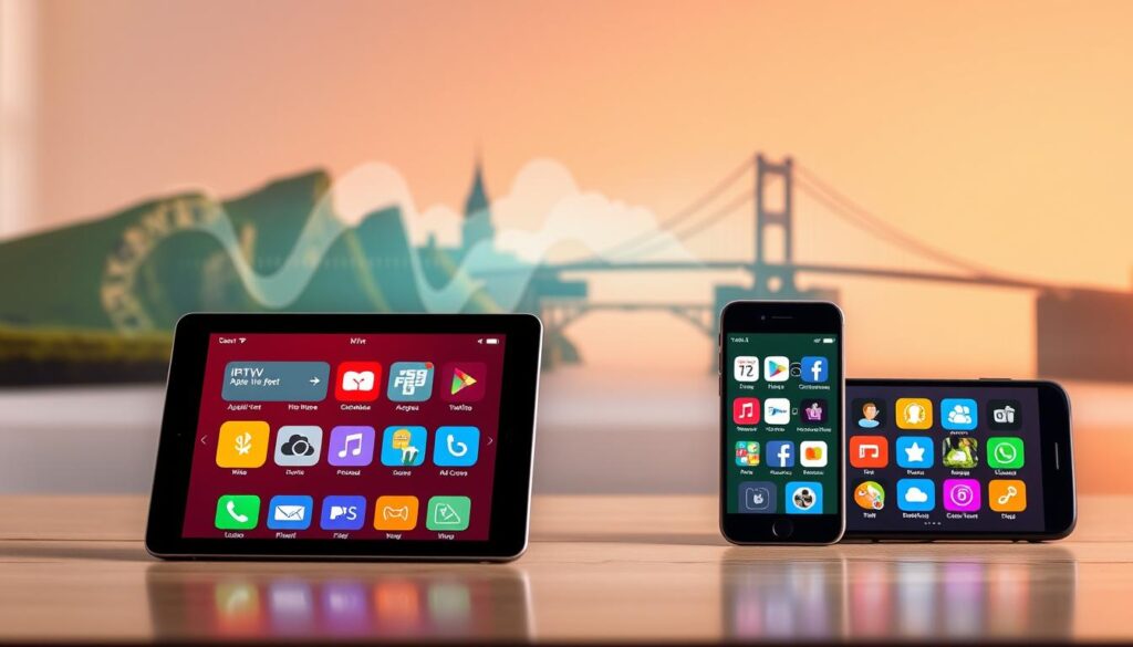 A vibrant and engaging digital illustration showcasing a selection of free IPTV app icons available in Ireland. The foreground features a sleek tablet and smartphone displaying bright, colorful app icons, with Irish landmarks subtly visible in the background, such as the Cliffs of Moher and Dublin’s Ha'penny Bridge. The middle layer includes an abstract representation of streaming waves and digital connections, symbolizing the IPTV experience. Soft, warm lighting creates an inviting atmosphere, ensuring the scene feels modern and approachable. The background is slightly blurred to draw focus to the devices in the front. Capture the essence of technology and connectivity, evoking a sense of discovery and excitement in the world of IPTV apps.