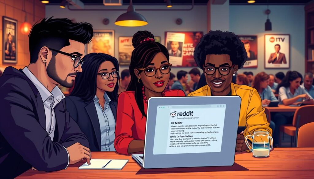 A vibrant, digital-style illustration capturing a group of diverse individuals engaged in a lively discussion about IPTV services on Reddit. In the foreground, three people of varying ethnicities, dressed in smart casual attire, are intently viewing a laptop with Reddit displayed on the screen, expressing thoughtful expressions. In the middle, a cozy café setting, with soft ambient lighting and wooden tables, crowded with patrons who appear absorbed in their devices, reflecting a community atmosphere. The background features walls adorned with posters about technology and streaming services. The image conveys a sense of energy and curiosity, inviting the viewer into the world of online discussions about IPTV choices. The lighting is warm and inviting, creating a comfortable mood. A vibrant, digital-style illustration capturing a group of diverse individuals engaged in a lively discussion about IPTV services on Reddit. In the foreground, three people of varying ethnicities, dressed in smart casual attire, are intently viewing a laptop with Reddit displayed on the screen, expressing thoughtful expressions. In the middle, a cozy café setting, with soft ambient lighting and wooden tables, crowded with patrons who appear absorbed in their devices, reflecting a community atmosphere. The background features walls adorned with posters about technology and streaming services. The image conveys a sense of energy and curiosity, inviting the viewer into the world of online discussions about IPTV choices. The lighting is warm and inviting, creating a comfortable mood.