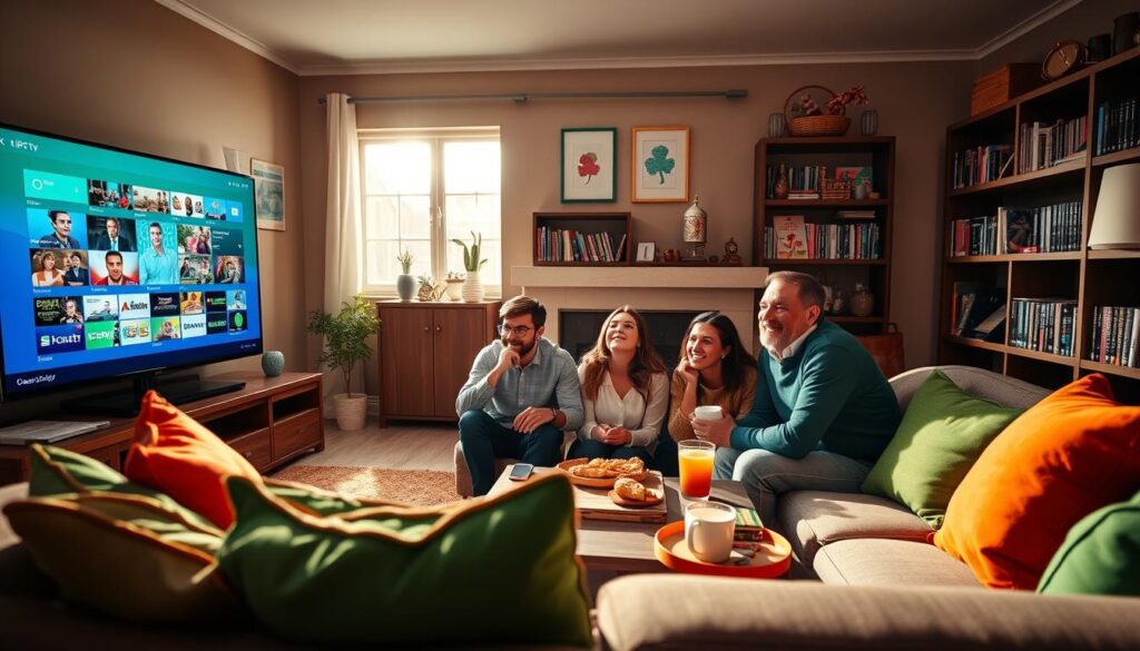 A vibrant living room scene featuring an Irish family enjoying an IPTV service, with a large flat-screen television displaying a variety of colorful channels. In the foreground, a cozy sofa is adorned with green and orange cushions, reflecting the Irish flag colors. The middle ground showcases a stylish coffee table with snacks and drinks, and family members, dressed in casual yet presentable clothing, are smiling and engaged. The background includes decorative elements like Irish-themed wall art and bookshelves filled with DVDs. Soft, warm lighting creates an inviting atmosphere, as sunlight streams in through a window, catching the family's joyful expressions. The angle is slightly elevated, capturing the engaging experience of watching diverse channels tailored for Irish viewers, emphasizing entertainment and togetherness.