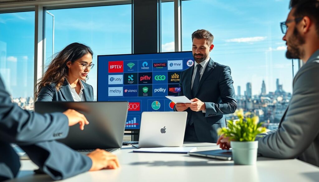 A vibrant office setting depicting a diverse team of three professionals discussing IPTV service providers in Ireland. In the foreground, a focused woman in smart casual attire is pointing at a laptop screen displaying IPTV rankings, while a man in a business suit takes notes. In the middle ground, a large interactive display shows logos of popular Irish IPTV services, surrounded by colorful charts and graphs. The background features a panoramic window revealing the Dublin skyline under clear blue skies, creating an engaging atmosphere. Soft natural lighting illuminates the scene, creating a warm and professional ambiance. The camera angle is slightly elevated, providing a dynamic view of the team collaborating on selecting the best IPTV options recommended by Reddit. A vibrant office setting depicting a diverse team of three professionals discussing IPTV service providers in Ireland. In the foreground, a focused woman in smart casual attire is pointing at a laptop screen displaying IPTV rankings, while a man in a business suit takes notes. In the middle ground, a large interactive display shows logos of popular Irish IPTV services, surrounded by colorful charts and graphs. The background features a panoramic window revealing the Dublin skyline under clear blue skies, creating an engaging atmosphere. Soft natural lighting illuminates the scene, creating a warm and professional ambiance. The camera angle is slightly elevated, providing a dynamic view of the team collaborating on selecting the best IPTV options recommended by Reddit.