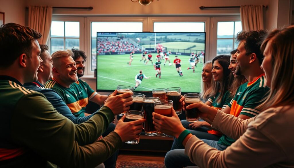A vibrant scene depicting a cozy living room filled with Irish sports fans enjoying a GAA match through IPTV streaming on a large flat-screen TV. In the foreground, a diverse group of fans, including both men and women dressed in casual Irish sports jerseys, excitedly cheers and clinks pint glasses of stout. In the middle ground, the TV screen shows an energetic GAA match, brightly lit with colorful team jerseys in action. The background features a window showing a picturesque Irish landscape, hinting at a lively game day atmosphere. The lighting is warm and inviting, creating a sense of camaraderie and excitement. The overall mood is one of enthusiasm and community spirit, capturing the essence of sports streaming for Irish fans. A vibrant scene depicting a cozy living room filled with Irish sports fans enjoying a GAA match through IPTV streaming on a large flat-screen TV. In the foreground, a diverse group of fans, including both men and women dressed in casual Irish sports jerseys, excitedly cheers and clinks pint glasses of stout. In the middle ground, the TV screen shows an energetic GAA match, brightly lit with colorful team jerseys in action. The background features a window showing a picturesque Irish landscape, hinting at a lively game day atmosphere. The lighting is warm and inviting, creating a sense of camaraderie and excitement. The overall mood is one of enthusiasm and community spirit, capturing the essence of sports streaming for Irish fans.