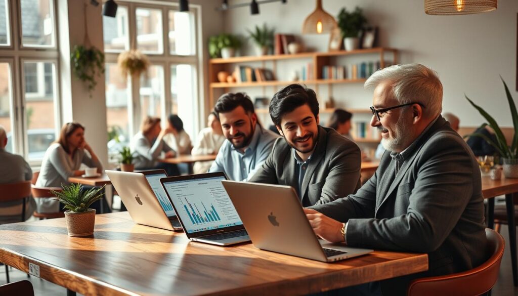 A vibrant scene depicting a group of diverse Irish Reddit users engaged in a lively discussion about IPTV services in a cozy, modern café. In the foreground, three users—two men and a woman—are seated at a wooden table, each with a laptop open, showcasing graphs and charts. They appear focused and animated, dressed in smart casual attire. In the middle ground, we see additional patrons enjoying their coffee, with some glancing towards the main discussion. The background features a stylish café interior with soft lighting, potted plants, and shelves lined with books, creating a warm atmosphere. Natural light filters through large windows, casting soft shadows and enhancing a sense of community and collaboration. The overall mood is engaging and insightful, reflecting a mixture of praise and complaints about IPTV services. A vibrant scene depicting a group of diverse Irish Reddit users engaged in a lively discussion about IPTV services in a cozy, modern café. In the foreground, three users—two men and a woman—are seated at a wooden table, each with a laptop open, showcasing graphs and charts. They appear focused and animated, dressed in smart casual attire. In the middle ground, we see additional patrons enjoying their coffee, with some glancing towards the main discussion. The background features a stylish café interior with soft lighting, potted plants, and shelves lined with books, creating a warm atmosphere. Natural light filters through large windows, casting soft shadows and enhancing a sense of community and collaboration. The overall mood is engaging and insightful, reflecting a mixture of praise and complaints about IPTV services.
