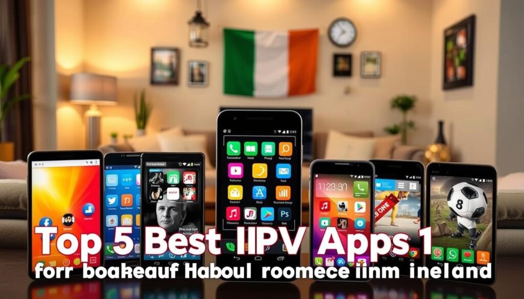 A visually appealing digital art composition showcasing the "Top 5 Best IPTV Apps for Android Phone Users in Ireland." In the foreground, display five vibrant smartphone screens, each representing a different IPTV app with colorful icons and user interfaces. In the middle ground, create a cozy living room setting with a soft couch and a coffee table, hinting at a casual viewing environment. The background features a stylish wall with Irish-themed decorations, like the Irish flag and subtle nods to local culture. Warm, inviting lighting casts a glow on the scene, creating a relaxed atmosphere. The angle is slightly elevated to capture the inviting layout, emphasizing the user-friendly nature of the apps.