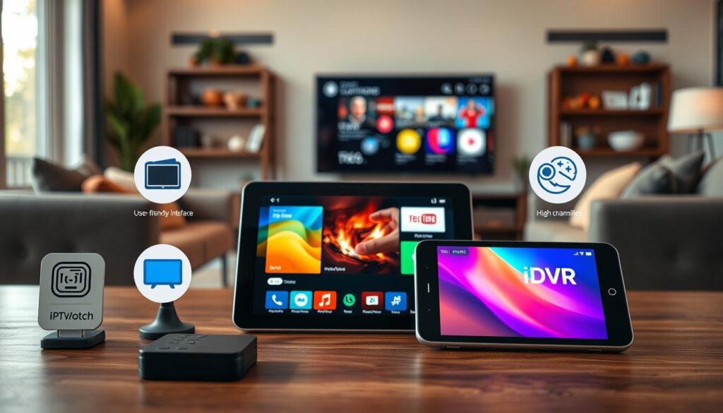 A visually appealing, organized flat lay composition showcasing the key features of a free IPTV app. In the foreground, display symbols or icons representing features like "User-friendly interface", "Wide channel selection", "High streaming quality", and "DVR capabilities". In the middle, include a sleek tablet or smartphone displaying a vibrant IPTV interface, emphasizing ease of use and content variety. The background should feature a cozy living room setting with a sofa and a large TV screen, subtly demonstrating the home viewing experience. Soft, natural lighting should illuminate the scene, creating a warm and inviting atmosphere. Capture the image with a shallow depth of field to keep the focus clear on the key features while adding an engaging, relatable vibe to the overall composition.
