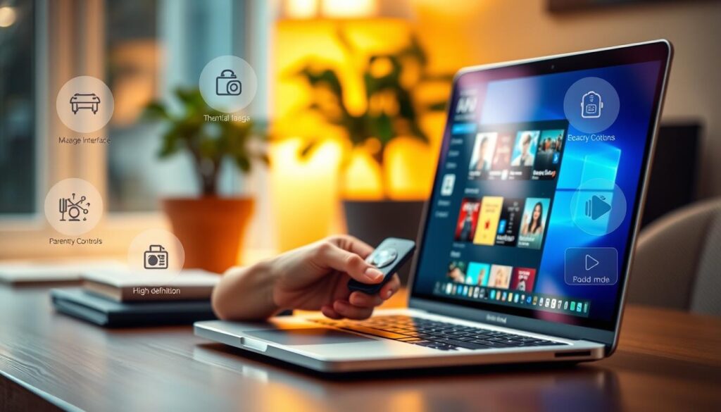 A visually compelling scene depicting the key features to look for in the best IPTV app for MacBook. In the foreground, showcase a sleek MacBook open on a stylish desk displaying a modern IPTV app interface, emphasizing simplicity and reliability. Scattered around are icons representing essential features: a user-friendly interface, diverse content options, parental controls, and high-definition streaming. In the middle, integrate a blurred hand navigating through the app with an elegant remote control. In the background, create a cozy workspace atmosphere with warm lighting, a potted plant, and a softly glowing lamp, enhancing the inviting mood. Use a shallow depth of field to focus on the MacBook while softly blurring the surroundings, capturing the essence of technology seamlessly integrated into everyday life.