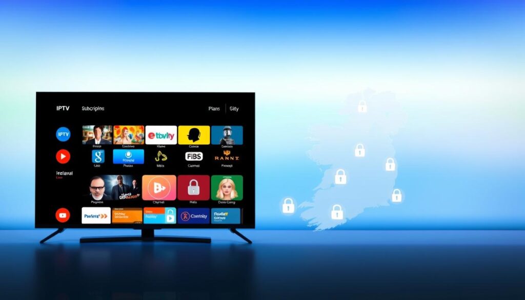 A visually engaging and informative illustration representing IPTV channels subscription plans in Ireland, emphasizing security, legality, and privacy. In the foreground, depict a sleek, modern digital device like a smart TV, displaying various channel icons in vibrant colors. The middle layer features a regional map of Ireland with icons representing legal concepts, digital locks, and privacy symbols, such as shields or checkmarks, showcasing the compliance with regulations. In the background, a soft gradient sky transitions from blue to green, symbolizing trust and growth. The lighting should be bright and inviting, with a focus on clarity and detail, creating a professional yet approachable atmosphere. The composition should be balanced and focused, ensuring no text or watermark is visible. A visually engaging and informative illustration representing IPTV channels subscription plans in Ireland, emphasizing security, legality, and privacy. In the foreground, depict a sleek, modern digital device like a smart TV, displaying various channel icons in vibrant colors. The middle layer features a regional map of Ireland with icons representing legal concepts, digital locks, and privacy symbols, such as shields or checkmarks, showcasing the compliance with regulations. In the background, a soft gradient sky transitions from blue to green, symbolizing trust and growth. The lighting should be bright and inviting, with a focus on clarity and detail, creating a professional yet approachable atmosphere. The composition should be balanced and focused, ensuring no text or watermark is visible.