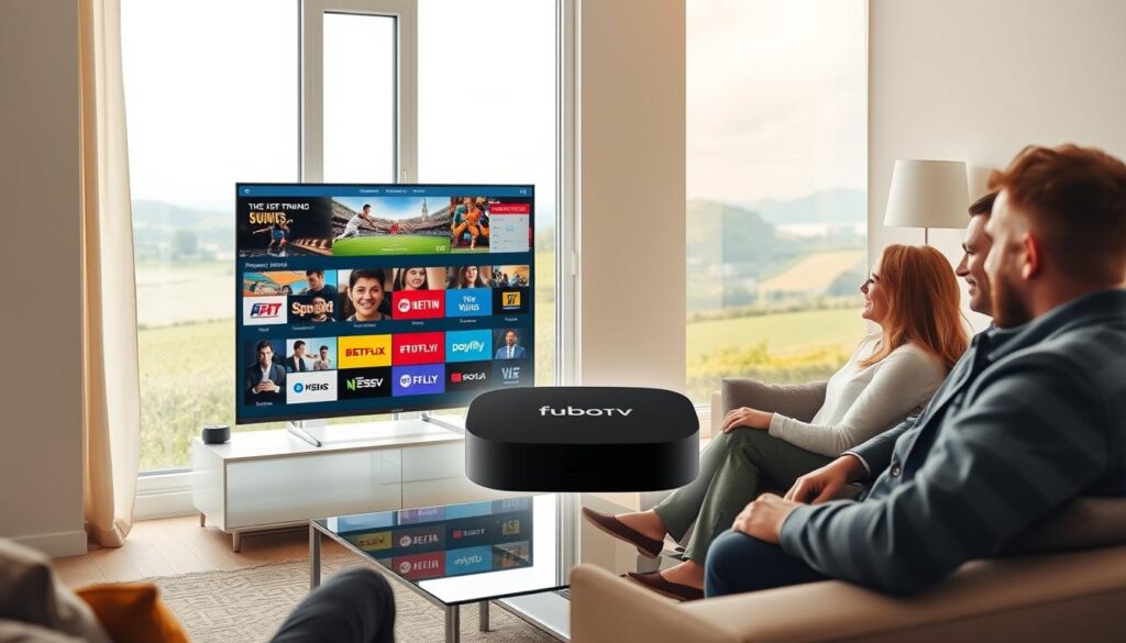 A visually engaging comparison of the benefits of fuboTV IPTV over traditional cable in Ireland, featuring a split-image design. In the foreground, depict a modern living room with a family enjoying fuboTV on a large flat-screen TV, showcasing diverse programming options, including sports and movies. The family members, dressed in casual yet professional attire, exhibit expressions of joy and engagement. In the middle, emphasize a sleek digital device representing fuboTV, with vibrant icons of various available channels. The background should showcase a serene Irish landscape through a window, symbolizing the convenience of streaming anywhere. Use natural lighting to create a warm atmosphere, with soft-focus effects enhancing the subject. The composition should evoke a sense of modernity, comfort, and the advantages of IPTV over traditional cable service.