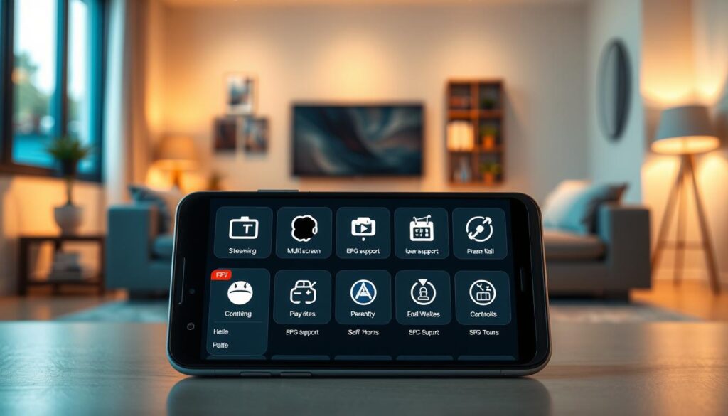 A visually engaging digital illustration showcasing the key features of IPTV Smarters Pro APK. In the foreground, display a sleek smartphone with the app interface visible, showing streaming options and user-friendly navigation. In the middle ground, include icons representing features like multi-screen viewing, EPG support, and parental controls, arranged in an eye-catching layout. The background should have a blurred home living room setting, softly lit for a cozy feel, hinting at comfortable home entertainment. Use a warm color palette to convey a welcoming atmosphere. The lighting should highlight the device and icons, creating a modern and appealing vibe, ideal for an article focus on innovative streaming technology.