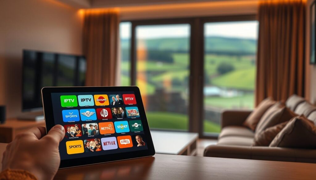 A visually engaging illustration depicting IPTV channel subscription plans in Ireland. In the foreground, feature a sleek tablet displaying a colorful interface of different IPTV channel options, with an easy-to-navigate layout that includes various genres like sports, movies, and documentaries. In the middle ground, place a cozy living room setting with a comfortable sofa and a modern TV displaying IPTV content. The background should have a picturesque view of Ireland's lush green landscape through the window, evoking a sense of place. The lighting is warm and inviting, simulating evening light, with a slight bokeh effect for a professional touch. The atmosphere is focused and informative, ideal for a step-by-step guide to subscribing and setting up IPTV services. A visually engaging illustration depicting IPTV channel subscription plans in Ireland. In the foreground, feature a sleek tablet displaying a colorful interface of different IPTV channel options, with an easy-to-navigate layout that includes various genres like sports, movies, and documentaries. In the middle ground, place a cozy living room setting with a comfortable sofa and a modern TV displaying IPTV content. The background should have a picturesque view of Ireland's lush green landscape through the window, evoking a sense of place. The lighting is warm and inviting, simulating evening light, with a slight bokeh effect for a professional touch. The atmosphere is focused and informative, ideal for a step-by-step guide to subscribing and setting up IPTV services.