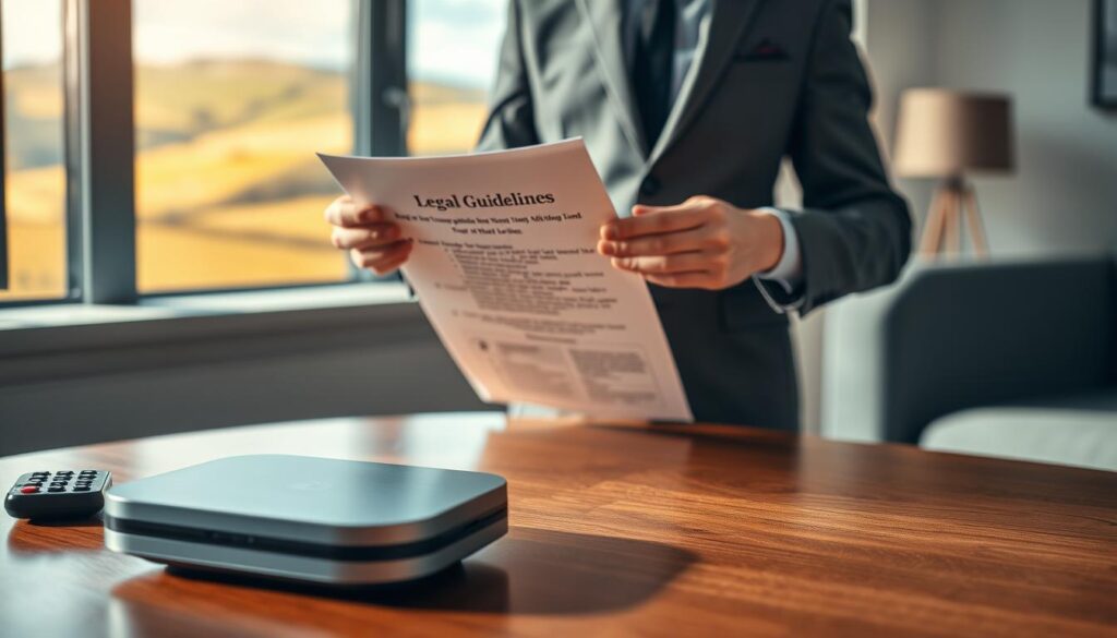 A visually engaging illustration depicting the legal status of IPTV players in Ireland. In the foreground, a sleek, modern smart IPTV device rests on a polished wooden table, with a remote control beside it. In the middle ground, a well-dressed professional, in formal business attire, is reviewing a document labeled "Legal Guidelines" that outlines regulations regarding IPTV usage in Ireland. The background features a blurred image of the Irish countryside, symbolizing the cultural context. Soft, natural lighting from a nearby window casts gentle shadows, creating an inviting yet serious atmosphere. The angle is slightly tilted from above, emphasizing the interaction between the professional and the IPTV device while not overwhelming the viewer with unnecessary elements. The overall mood is informative and focused, perfect for highlighting legal considerations. A visually engaging illustration depicting the legal status of IPTV players in Ireland. In the foreground, a sleek, modern smart IPTV device rests on a polished wooden table, with a remote control beside it. In the middle ground, a well-dressed professional, in formal business attire, is reviewing a document labeled "Legal Guidelines" that outlines regulations regarding IPTV usage in Ireland. The background features a blurred image of the Irish countryside, symbolizing the cultural context. Soft, natural lighting from a nearby window casts gentle shadows, creating an inviting yet serious atmosphere. The angle is slightly tilted from above, emphasizing the interaction between the professional and the IPTV device while not overwhelming the viewer with unnecessary elements. The overall mood is informative and focused, perfect for highlighting legal considerations.