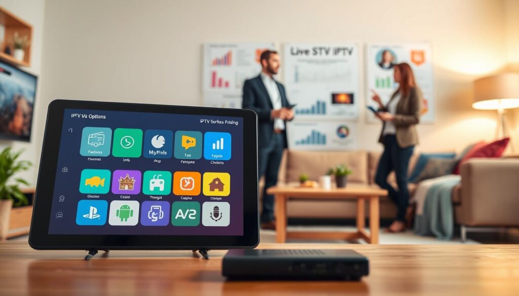 A visually engaging illustration showcasing IPTV subscription plans in Ireland. In the foreground, a modern digital device like a tablet or smart TV displaying various IPTV interface options, with visually appealing icons representing different channels. The middle ground features professional individuals discussing the plans, dressed in business attire, surrounded by charts and graphs that highlight features and pricing options. In the background, a cozy living room setting with soft lighting, emphasizing a welcoming atmosphere for family viewing. Use a warm color palette to evoke comfort and reliability, with a slight blur to enhance focus on the foreground elements. The image should exude professionalism and clarity, emphasizing a high-quality IPTV subscription experience. A visually engaging illustration showcasing IPTV subscription plans in Ireland. In the foreground, a modern digital device like a tablet or smart TV displaying various IPTV interface options, with visually appealing icons representing different channels. The middle ground features professional individuals discussing the plans, dressed in business attire, surrounded by charts and graphs that highlight features and pricing options. In the background, a cozy living room setting with soft lighting, emphasizing a welcoming atmosphere for family viewing. Use a warm color palette to evoke comfort and reliability, with a slight blur to enhance focus on the foreground elements. The image should exude professionalism and clarity, emphasizing a high-quality IPTV subscription experience.